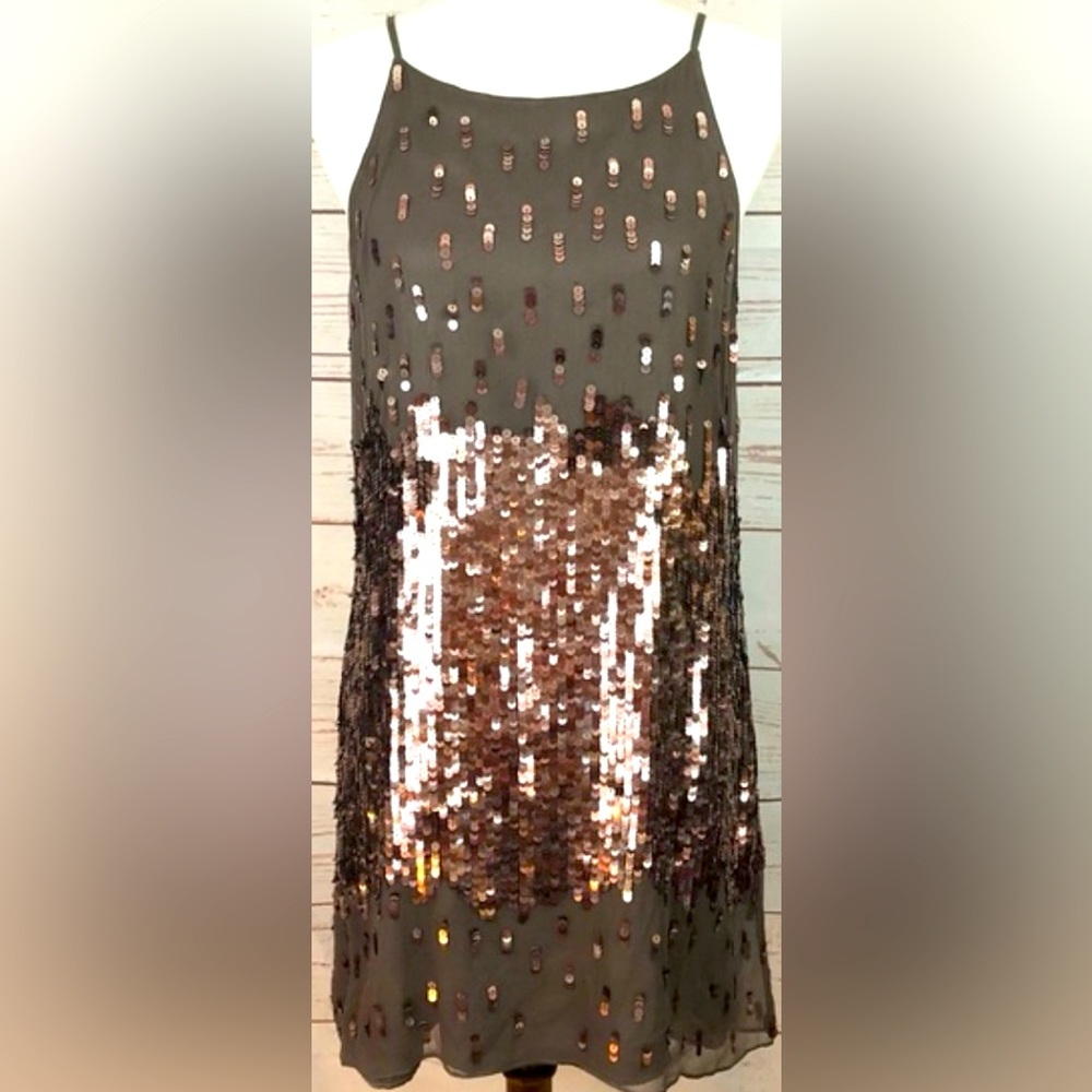 Parker Metallic Bronze & Rose Gold Sequin High Neck Silk Slip Shift Dress